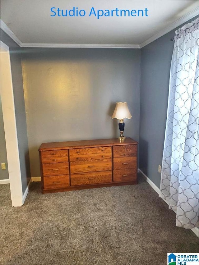 bedroom with baseboards, ornamental molding, and carpet flooring