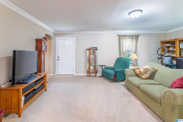 819 Jefferson Ave, Anniston, AL 36207 - living room with a textured ceiling, arched walkways, carpet flooring, crown molding, and baseboards
