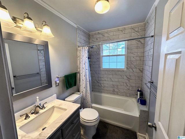 bathroom with shower / bath combination with curtain, toilet, vanity, and ornamental molding