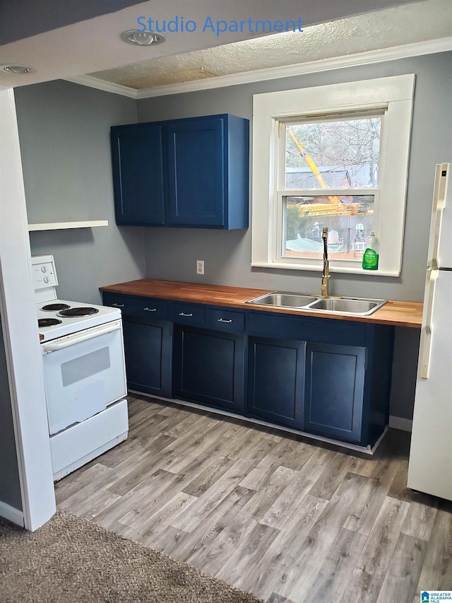 kitchen featuring butcher block counters, ornamental molding, white appliances, blue cabinets, and a sink