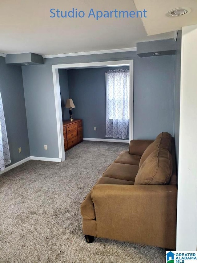 living area with baseboards and carpet