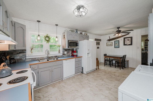 5242 Roy Dr, Helena, AL 35080 - kitchen with white appliances, gray cabinetry, a sink, and a textured ceiling