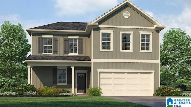 view of front of house featuring concrete driveway, an attached garage, board and batten siding, and a shingled roof