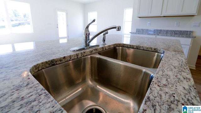 details featuring white cabinetry, light stone countertops, and a sink