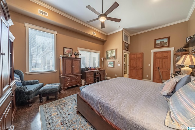 bedroom with visible vents, a ceiling fan, dark wood finished floors, and crown molding