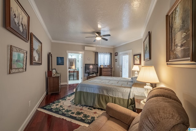 bedroom featuring crown molding, baseboards, a wall mounted air conditioner, dark wood-style floors, and a textured ceiling