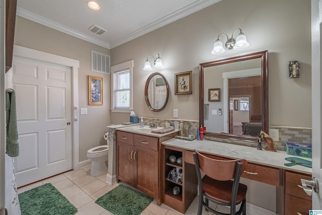 bathroom with tile patterned flooring, crown molding, visible vents, and backsplash