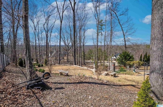 view of yard featuring fence and a forest view