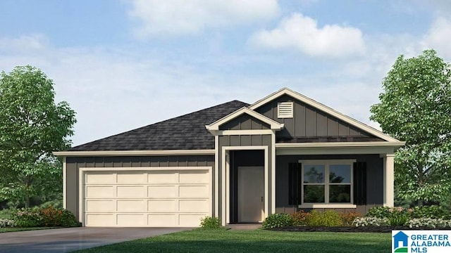 view of front of house with concrete driveway, a garage, board and batten siding, and roof with shingles