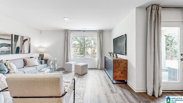 living room featuring baseboards and light wood-style flooring