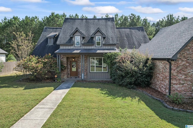 9205 Jardin Cir, Leeds, AL 35094 - view of front of house with fence, brick siding, covered porch, a front lawn, and board and batten siding