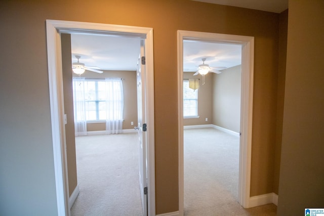 corridor with a healthy amount of sunlight, baseboards, and carpet