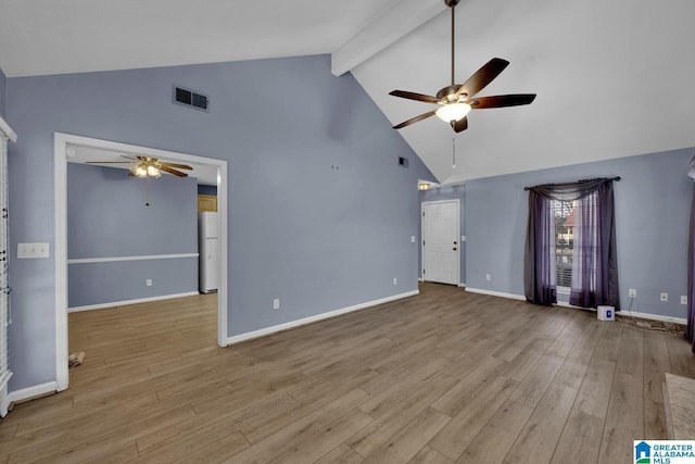 unfurnished living room featuring visible vents, wood finished floors, and a ceiling fan