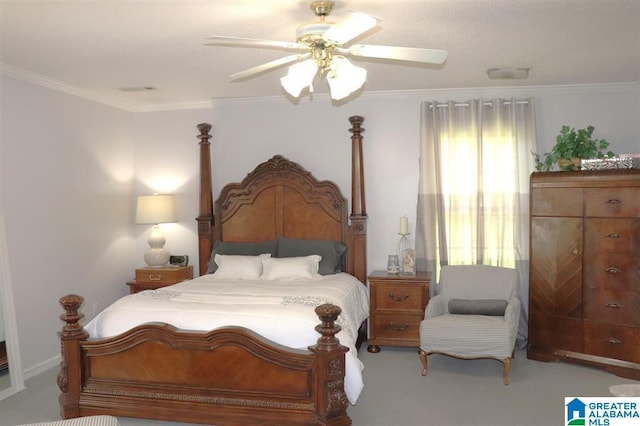 bedroom featuring carpet flooring, ceiling fan, and ornamental molding