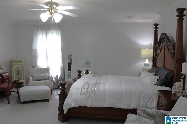 bedroom with a ceiling fan and ornamental molding