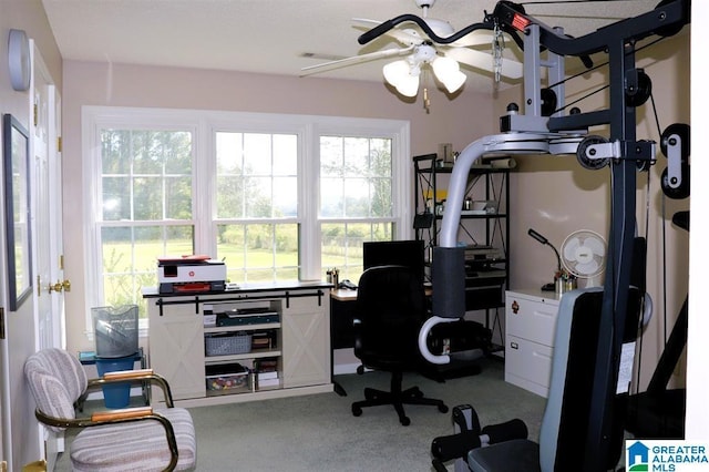 carpeted office with a ceiling fan