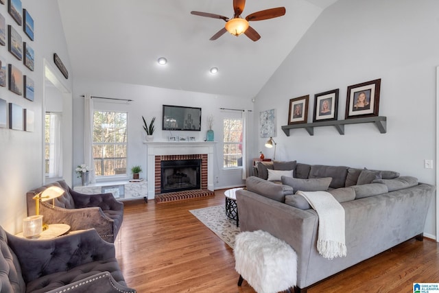 living room featuring wood finished floors, a ceiling fan, and a wealth of natural light