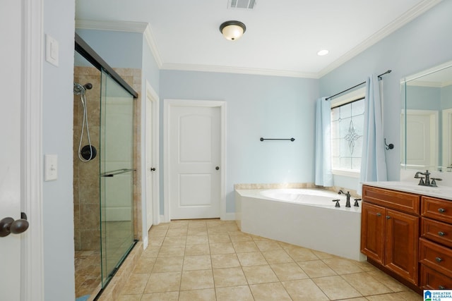 bathroom featuring tile patterned floors, visible vents, a shower stall, crown molding, and a bath