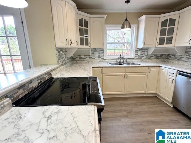 kitchen with a sink, hanging light fixtures, glass insert cabinets, dishwasher, and tasteful backsplash