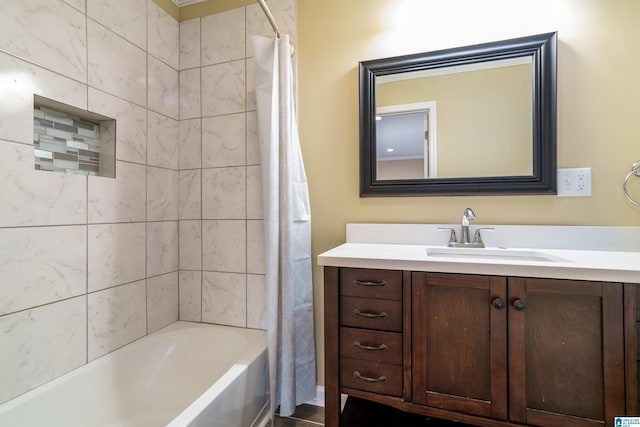 bathroom with vanity and shower / bath combination with curtain