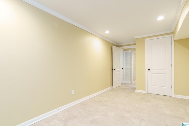 unfurnished bedroom with recessed lighting, baseboards, and ornamental molding