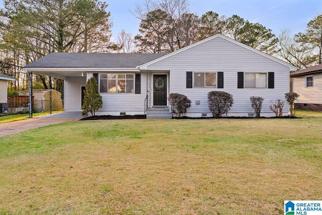 single story home featuring a front lawn, entry steps, concrete driveway, crawl space, and an attached carport