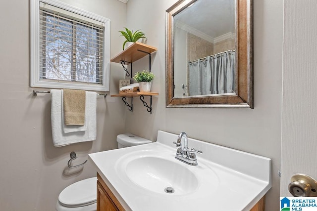 bathroom with vanity, a shower with shower curtain, and toilet