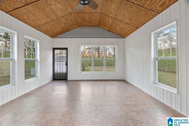 unfurnished sunroom featuring ceiling fan, wooden ceiling, a healthy amount of sunlight, and lofted ceiling