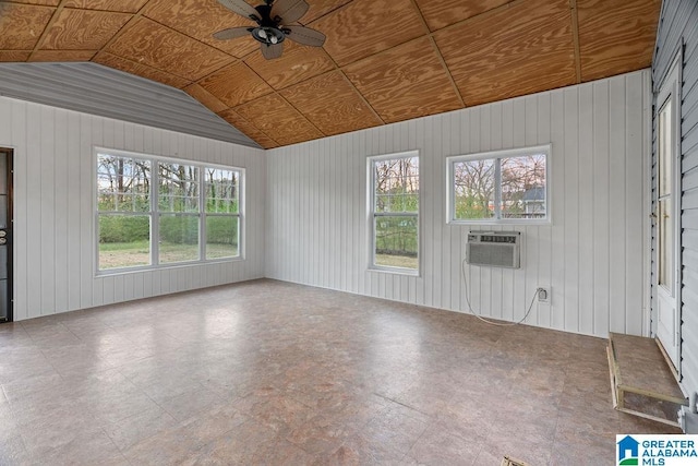 unfurnished living room with lofted ceiling, plenty of natural light, ceiling fan, and wooden ceiling