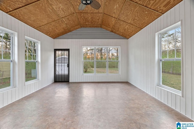 unfurnished sunroom featuring lofted ceiling, wood ceiling, and ceiling fan