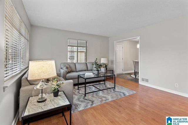 living room with visible vents, a textured ceiling, baseboards, and wood finished floors