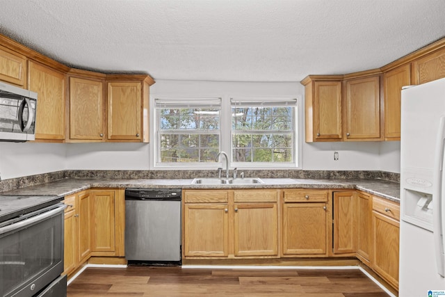 kitchen with a wealth of natural light, appliances with stainless steel finishes, wood finished floors, and a sink