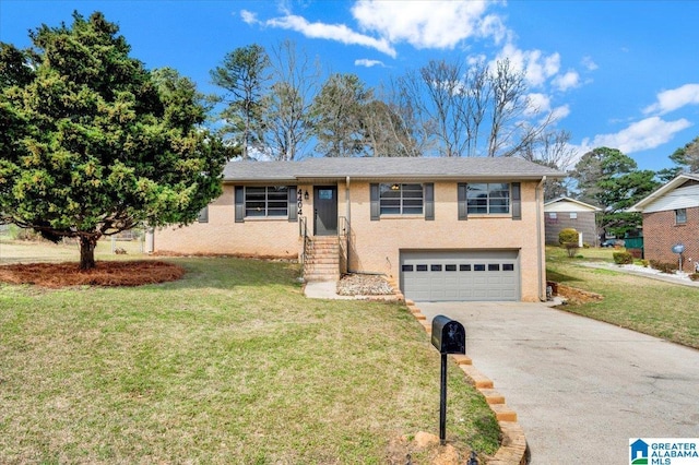 ranch-style house with a front yard, concrete driveway, and an attached garage