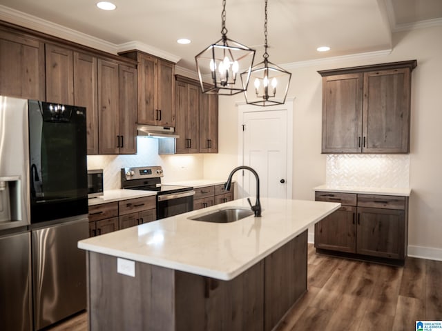 kitchen featuring a sink, under cabinet range hood, ornamental molding, stainless steel appliances, and dark wood-style flooring