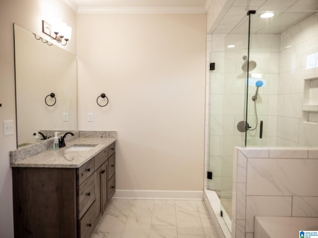 bathroom featuring a stall shower, baseboards, marble finish floor, and ornamental molding