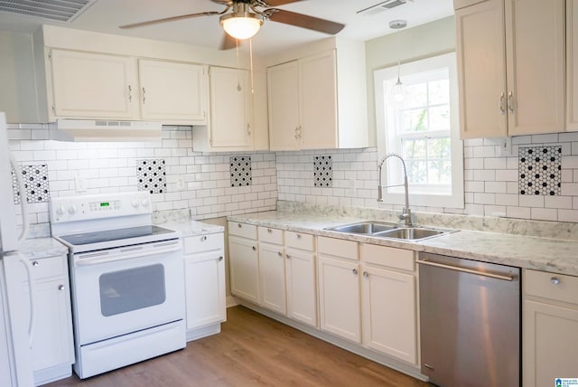 3459 35th Ave N, Birmingham, AL 35207 - kitchen featuring white appliances, a ceiling fan, visible vents, a sink, and under cabinet range hood