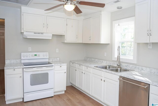 3459 35th Ave N, Birmingham, AL 35207 - kitchen featuring under cabinet range hood, a sink, white range with electric stovetop, dishwasher, and ceiling fan