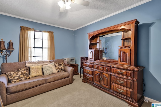 living room with light carpet, a textured ceiling, crown molding, and ceiling fan