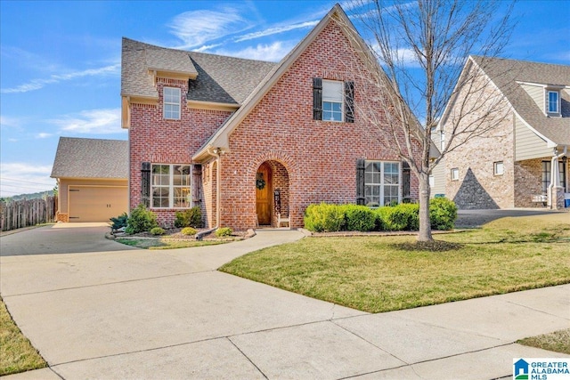 tudor home with a front yard, roof with shingles, concrete driveway, a garage, and brick siding