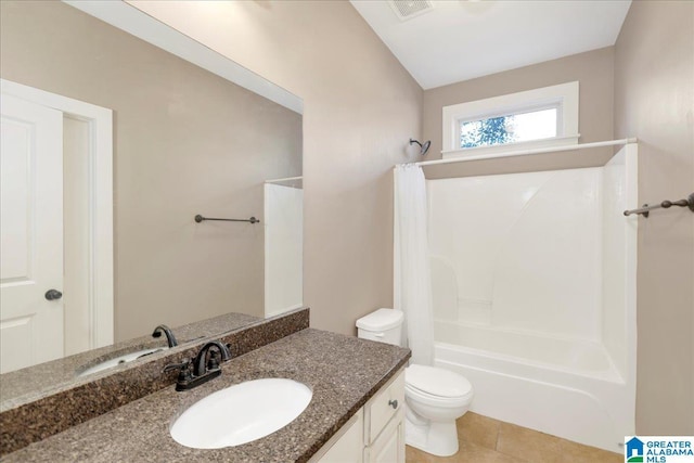 bathroom with tile patterned flooring, visible vents, toilet, vanity, and shower / bathtub combination with curtain