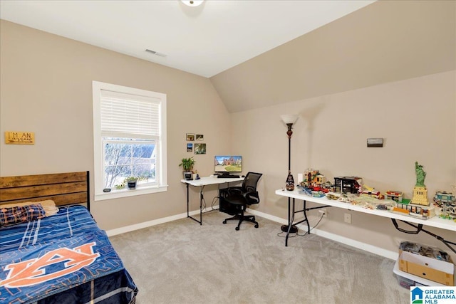 carpeted bedroom featuring lofted ceiling, visible vents, and baseboards