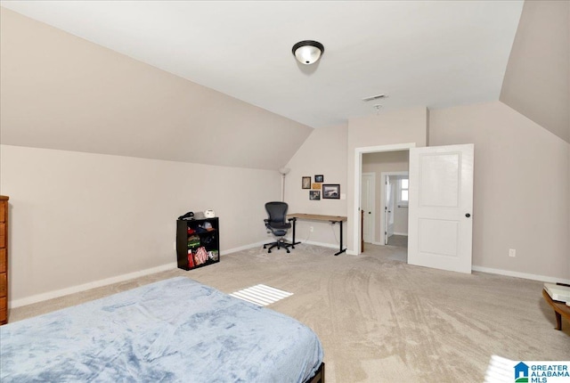 bedroom with baseboards, carpet flooring, and vaulted ceiling