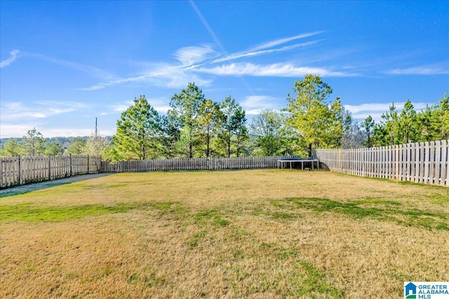 view of yard featuring a trampoline and a fenced backyard