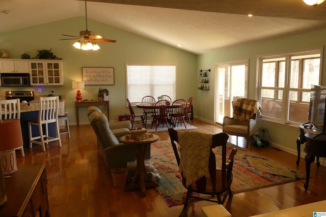 1310 County Road 264, Wedowee, AL 36278 - living area with a ceiling fan, vaulted ceiling, wood finished floors, and baseboards