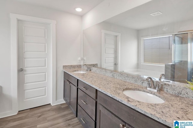 bathroom with double vanity, a stall shower, wood finished floors, and a sink
