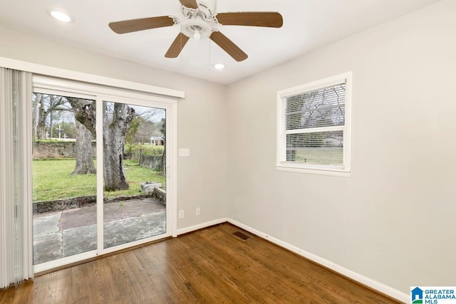 563 Brussels Ave, Birmingham, AL 35212 - spare room featuring visible vents, a ceiling fan, wood finished floors, recessed lighting, and baseboards