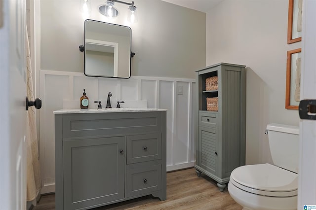 2365 Jim Raney Ln, Bessemer, AL 35023 - bathroom with a decorative wall, vanity, a wainscoted wall, toilet, and wood finished floors
