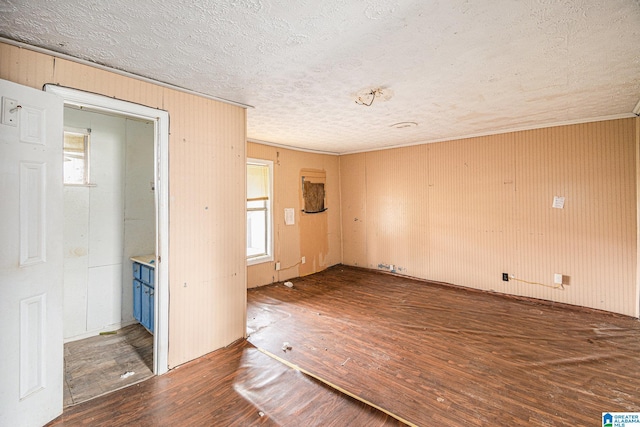 empty room with hardwood / wood-style floors, a wealth of natural light, and a textured ceiling