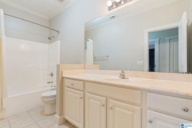 full bathroom with vanity, visible vents, ornamental molding, tile patterned flooring, and toilet