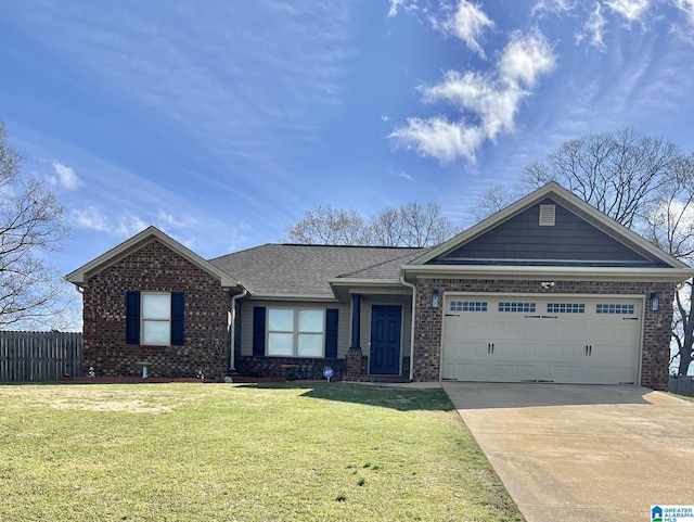 view of front of house with driveway, a front yard, brick siding, a garage, and fence